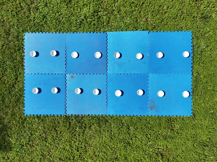 Sixteen white bowls on a blue mat, seen from a UAV hovering at 5 m